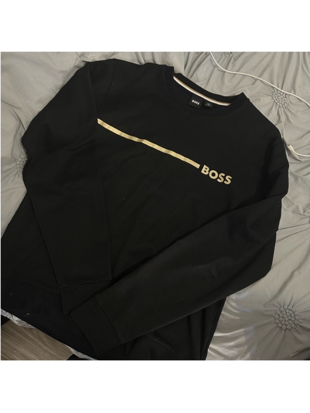 Boss Black Crewneck Sweatshirt with Gold Logo Stripe